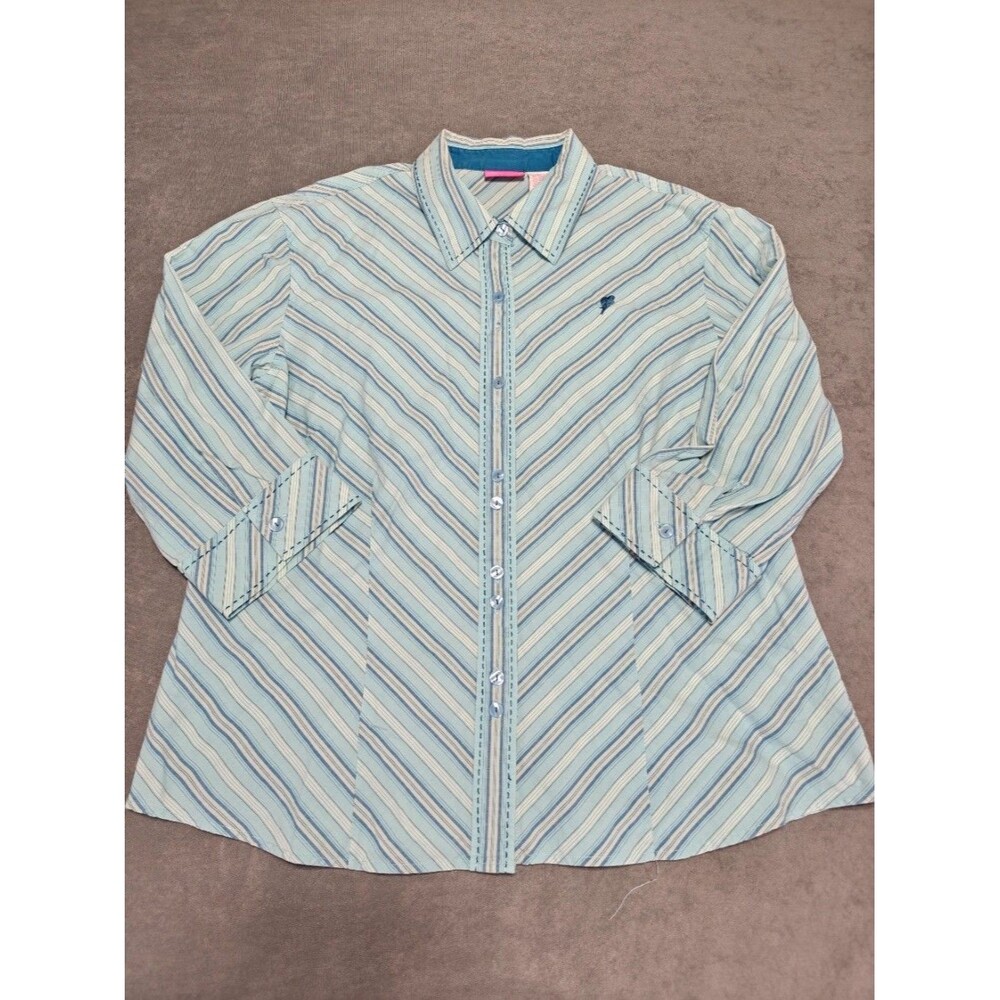 Pappagallo Womens XL Striped Button Up Shirt Blue White Long Sleeve Blouse